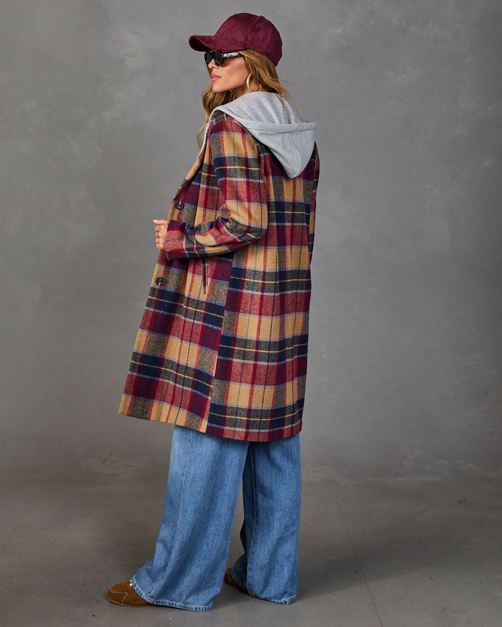 Plaid Coat with Attached Hood and Inner Zipper Hoodie, Wool Blend