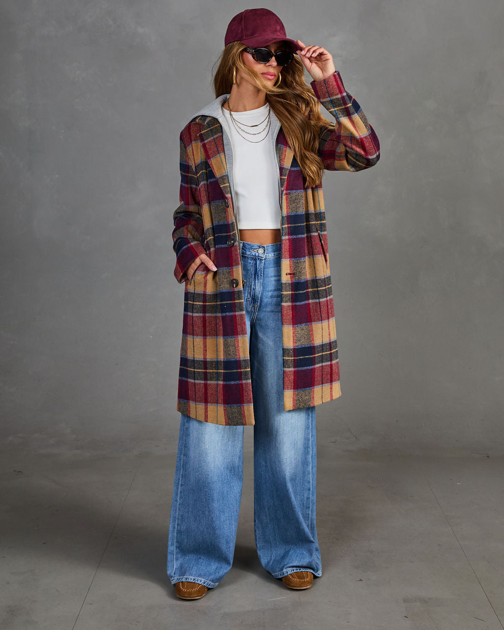 Plaid Coat with Attached Hood and Inner Zipper Hoodie, Wool Blend