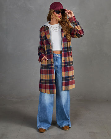 Plaid Coat with Attached Hood and Inner Zipper Hoodie, Wool Blend