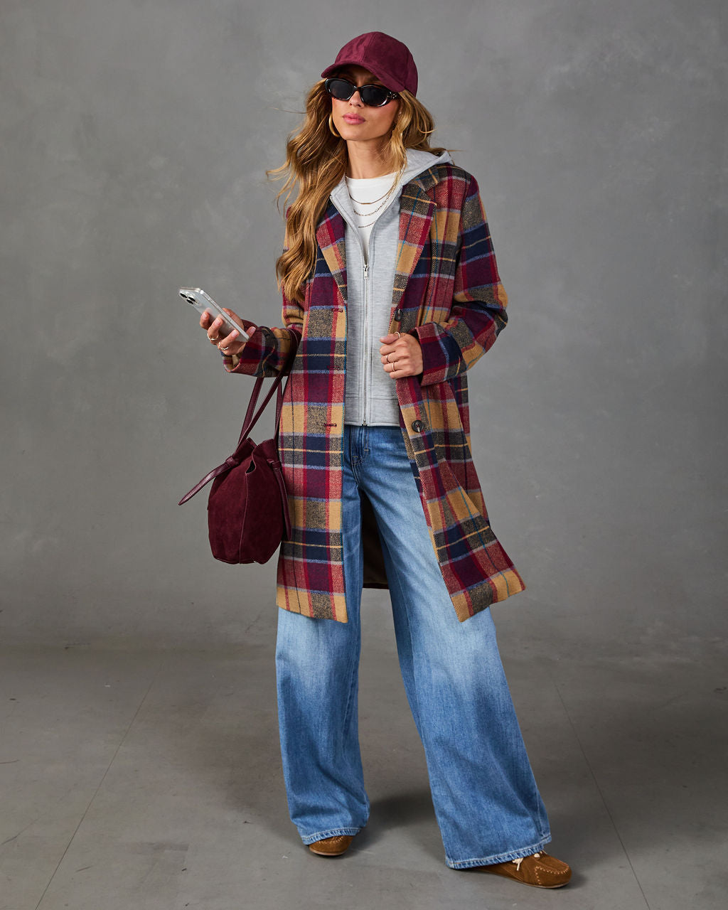 Plaid Coat with Attached Hood and Inner Zipper Hoodie, Wool Blend
