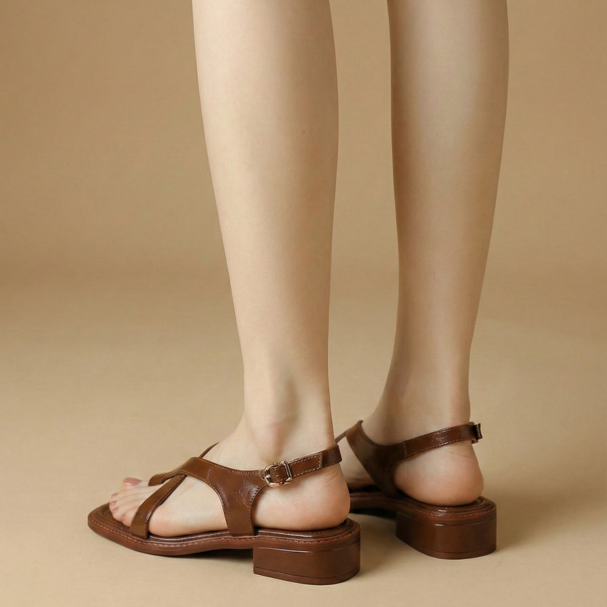 Women’s Leather Cross Sandals - Open Toe - Low Block Heel - Slip-On Design