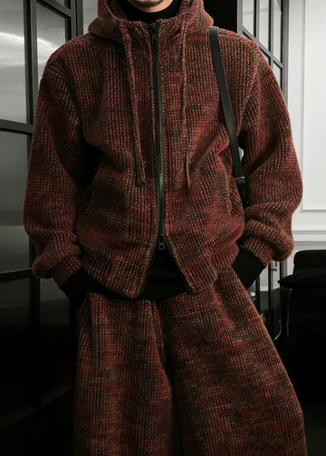 Men's Knit Hoodie and Wide Leg Pants Set with Textured Mixed Color Yarn