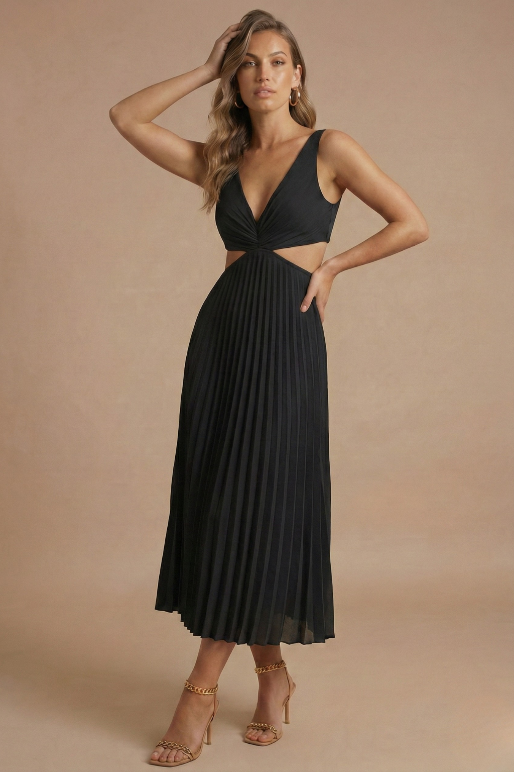 Women’s Elegant Pleated Midi Dress with V Neckline and Defined Waist
