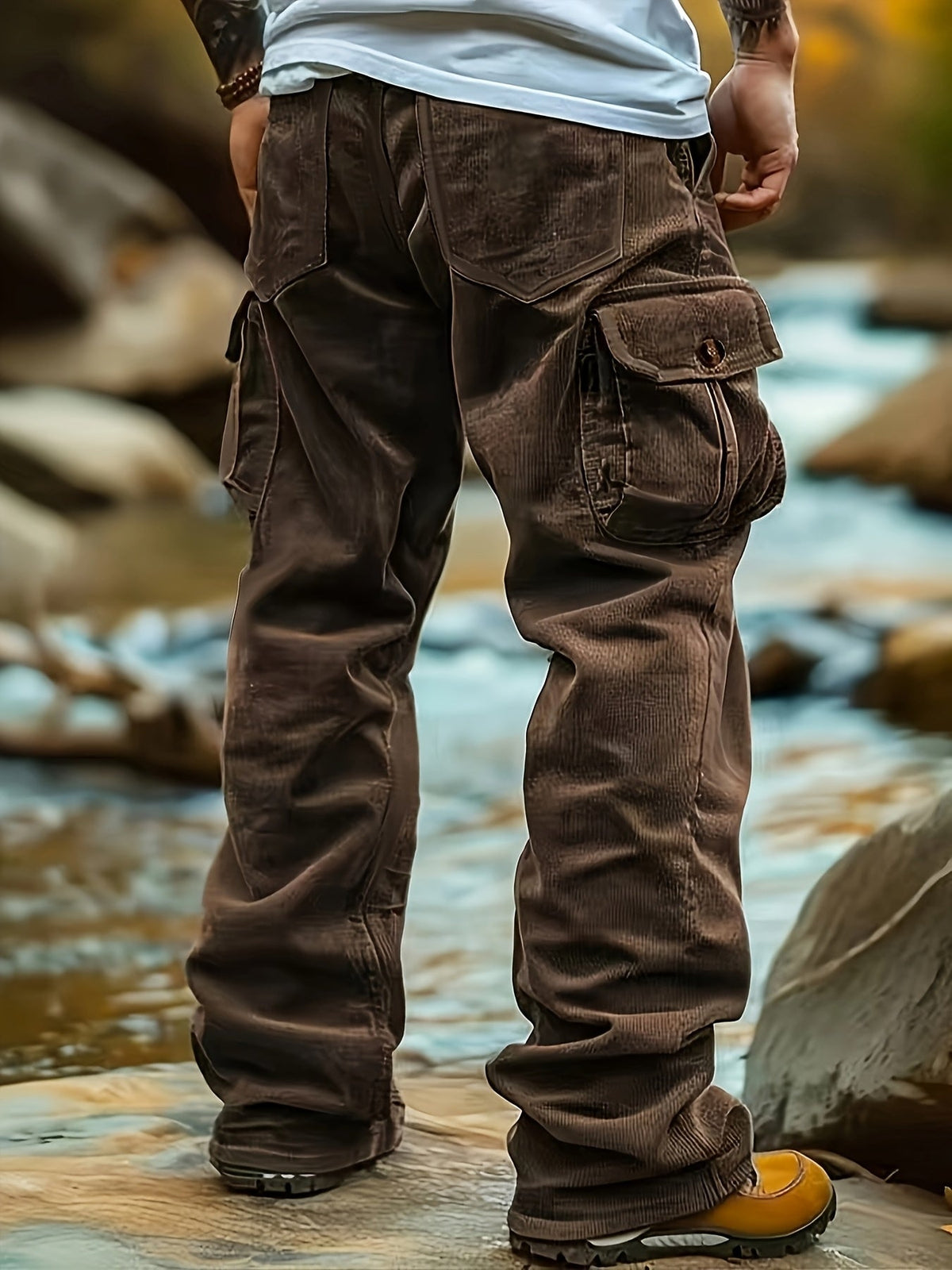 Relaxed Fit Cargo Pants with Deep Pockets and Button Elastic Waist