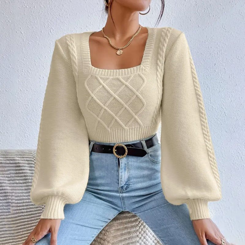 Women's Cropped Sweater with Square Collar and Cable Knit Panel, Balloon Sleeves