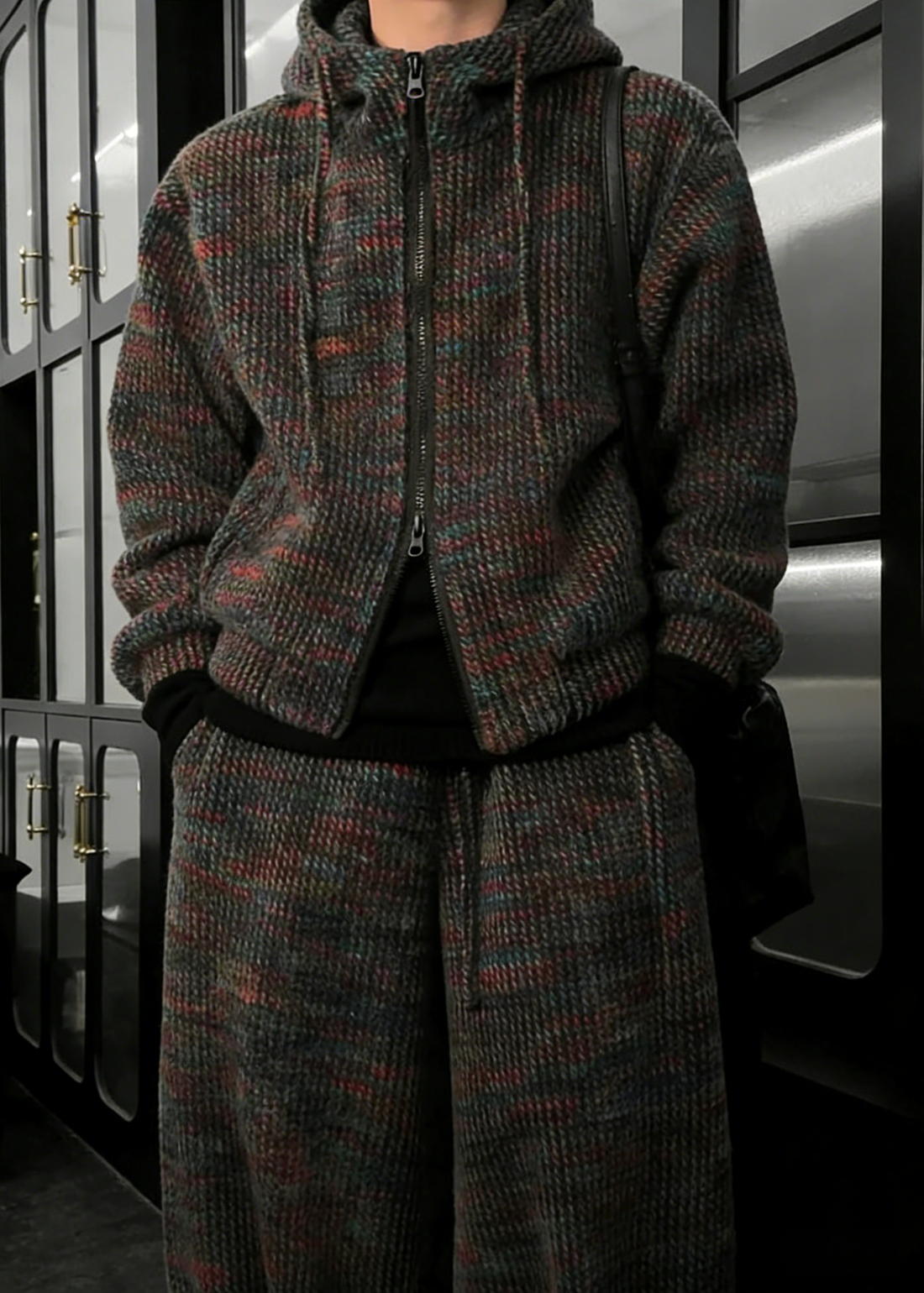 Knit Hoodie and Wide Leg Pants Set with Textured Pattern and Full Zip