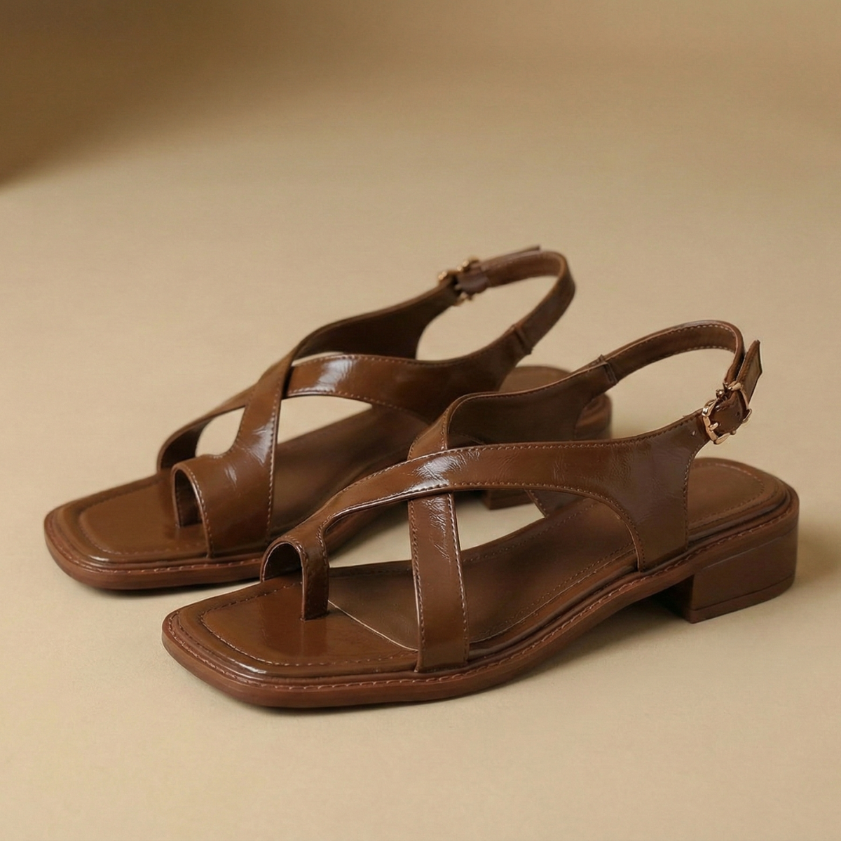 Women’s Leather Cross Sandals - Open Toe - Low Block Heel - Slip-On Design