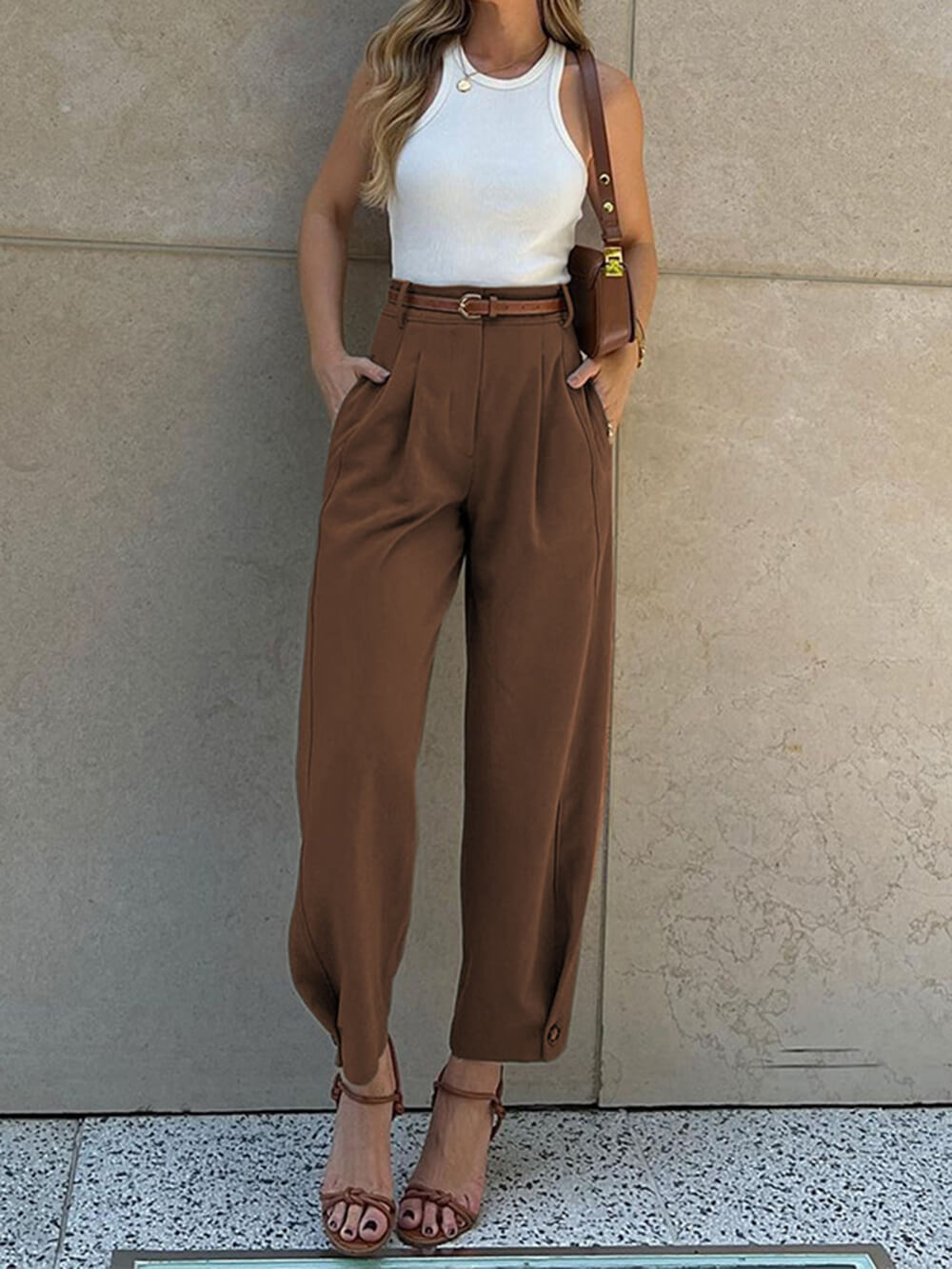 Women's High Waisted Pleated Wide Leg Pants with Ankle Cuffs