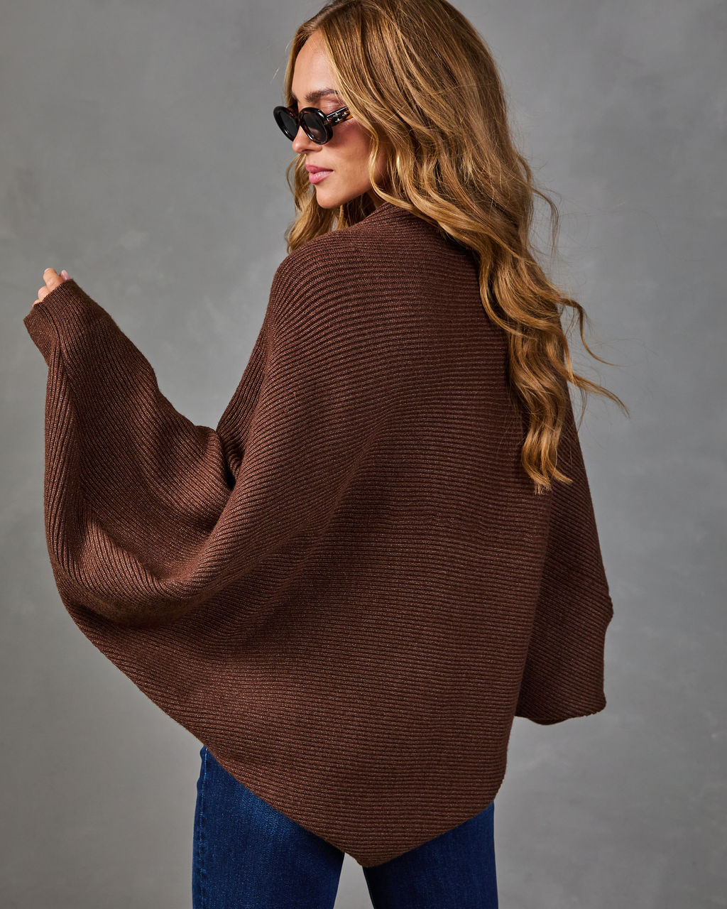 Ribbed Knit Cardigan with Drop Dolman Sleeves and Stretch Blend