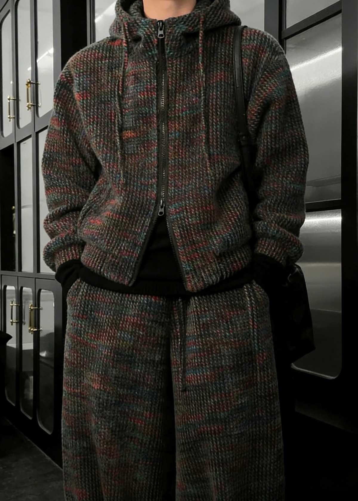 Men's Knit Hoodie and Wide Leg Pants Set with Textured Mixed Color Yarn