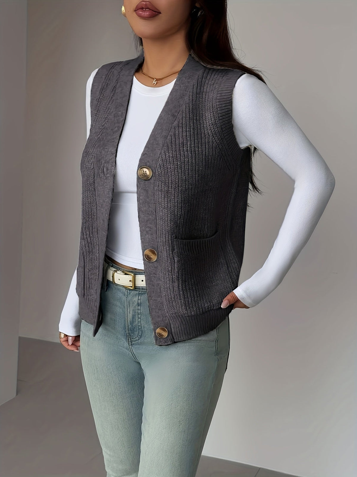 Sleeveless Knit Vest with Button Front and Front Pockets, Relaxed Fit
