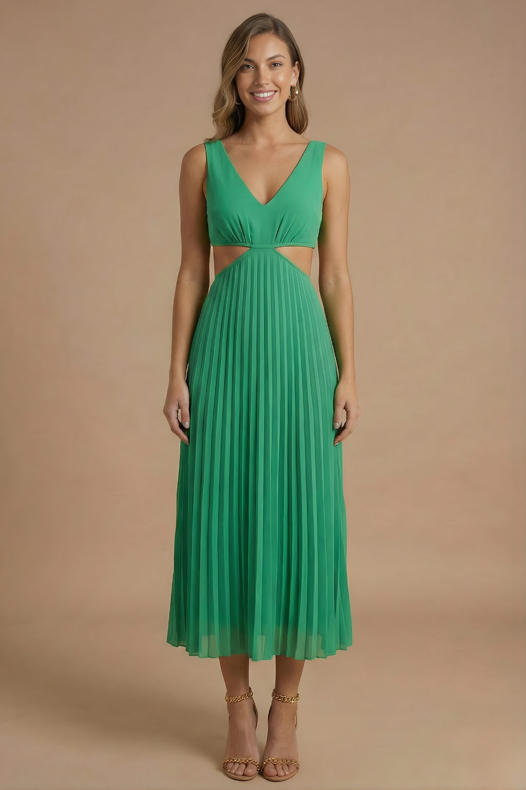 Women’s Elegant Pleated Midi Dress with V Neckline and Defined Waist