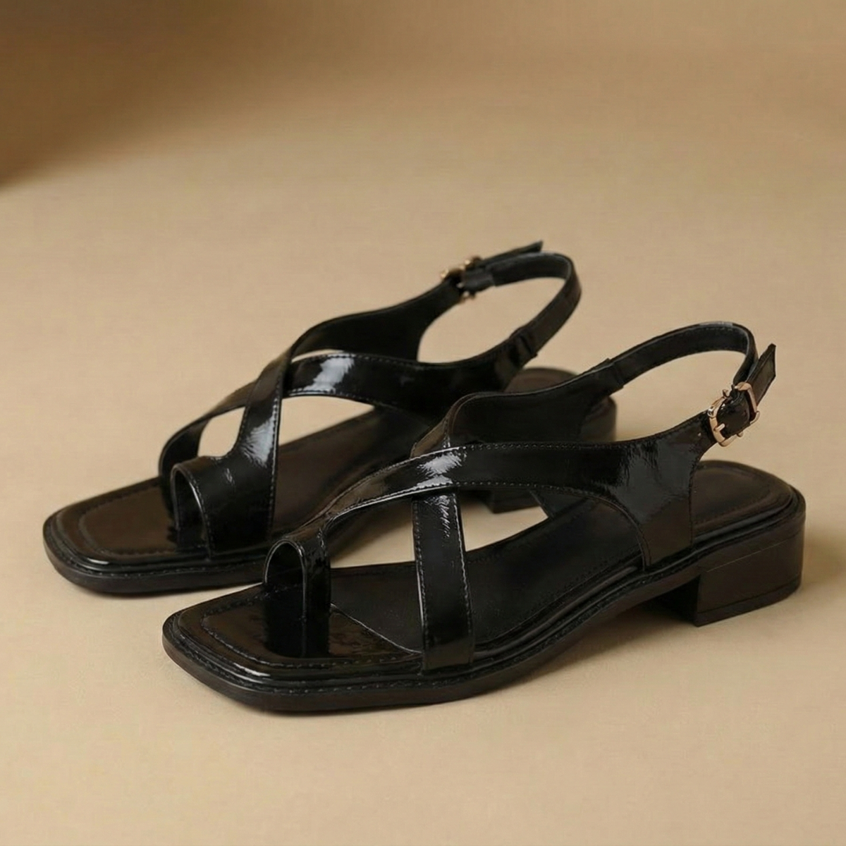 Women’s Leather Cross Sandals - Open Toe - Low Block Heel - Slip-On Design