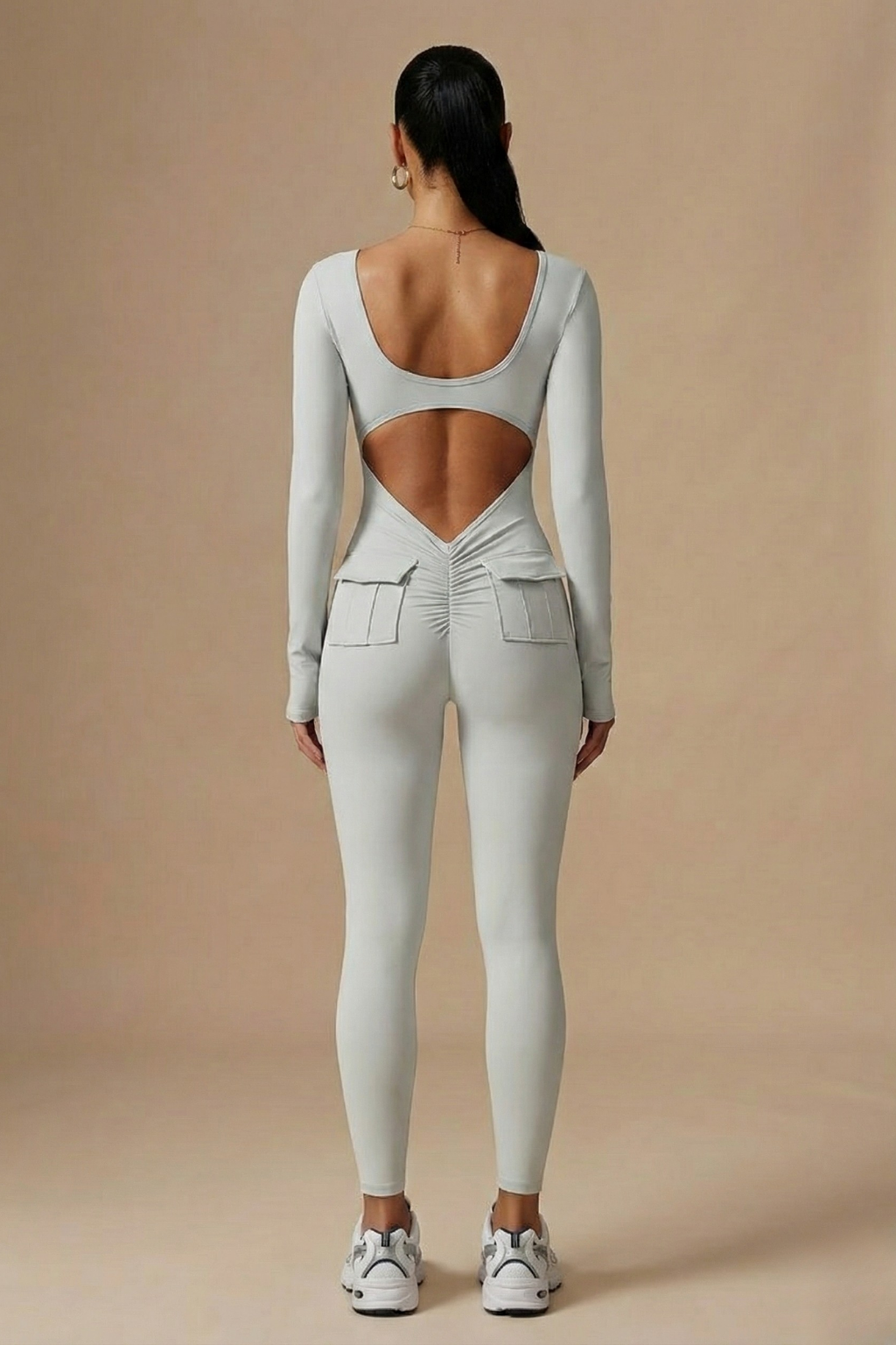 Women’s V-Back Long Sleeve Bodysuit with Pockets, Sculpted Fit, Full Length, Modern Active-Inspired One-Piece
