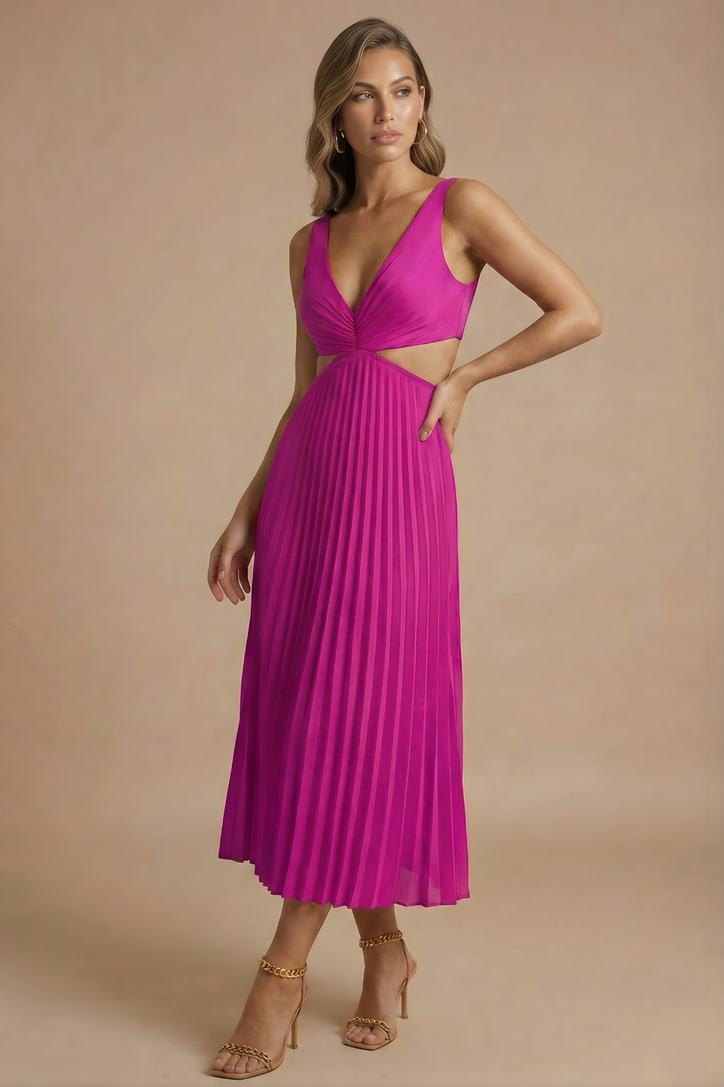 Women’s Elegant Pleated Midi Dress with V Neckline and Defined Waist