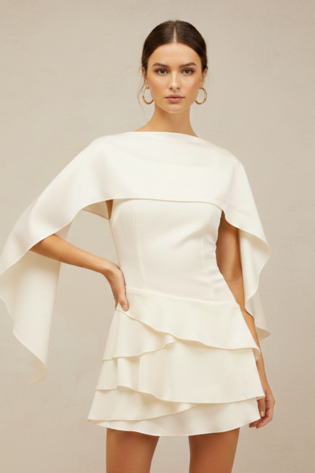 Women’s Ruffled Mini Dress with Draped Shawl Panel and Layered Hem