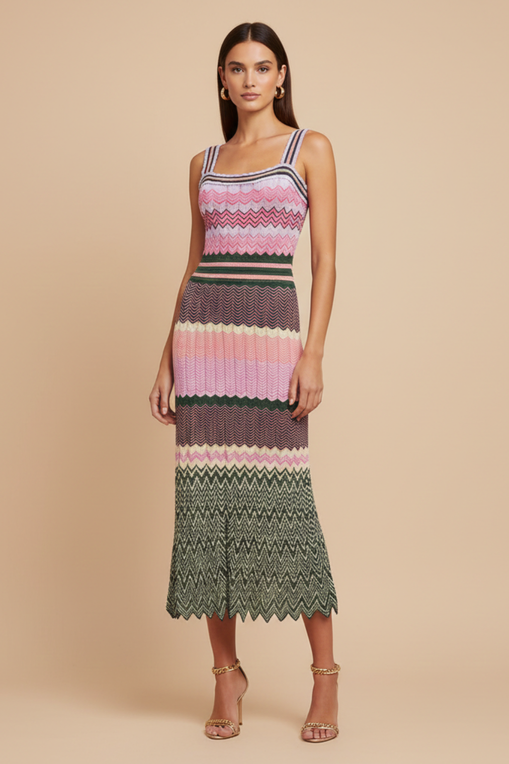 Abito Midi Donna a Maglia con Motivo a Contrasto e Spalline