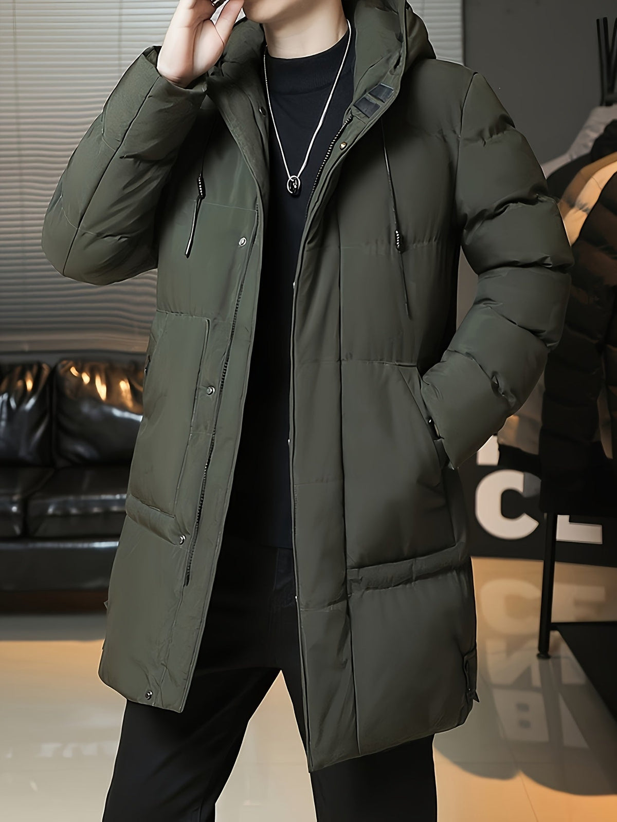 Padded Longline Coat with Adjustable Hood and Full Zipper
