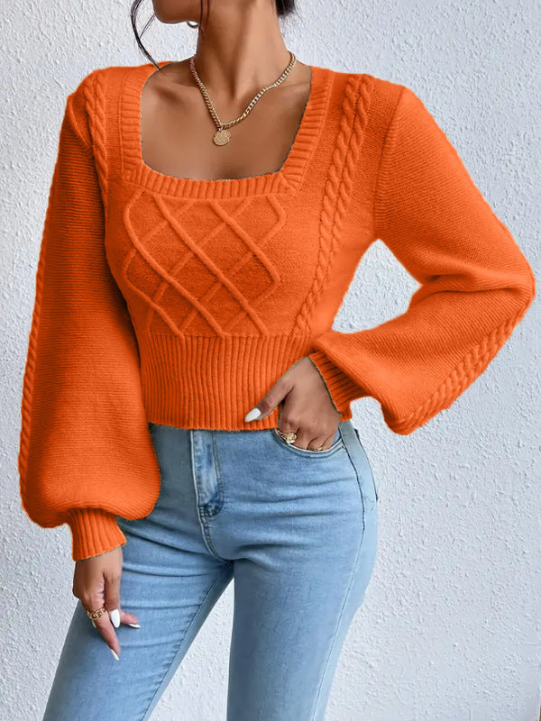Women's Cropped Sweater with Square Collar and Cable Knit Panel, Balloon Sleeves