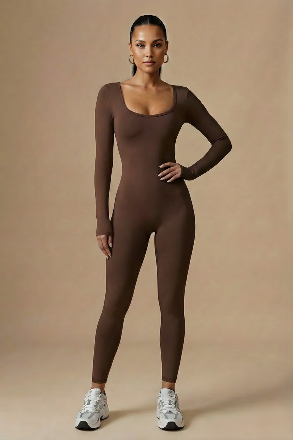 Women’s V-Back Long Sleeve Bodysuit with Pockets, Sculpted Fit, Full Length, Modern Active-Inspired One-Piece