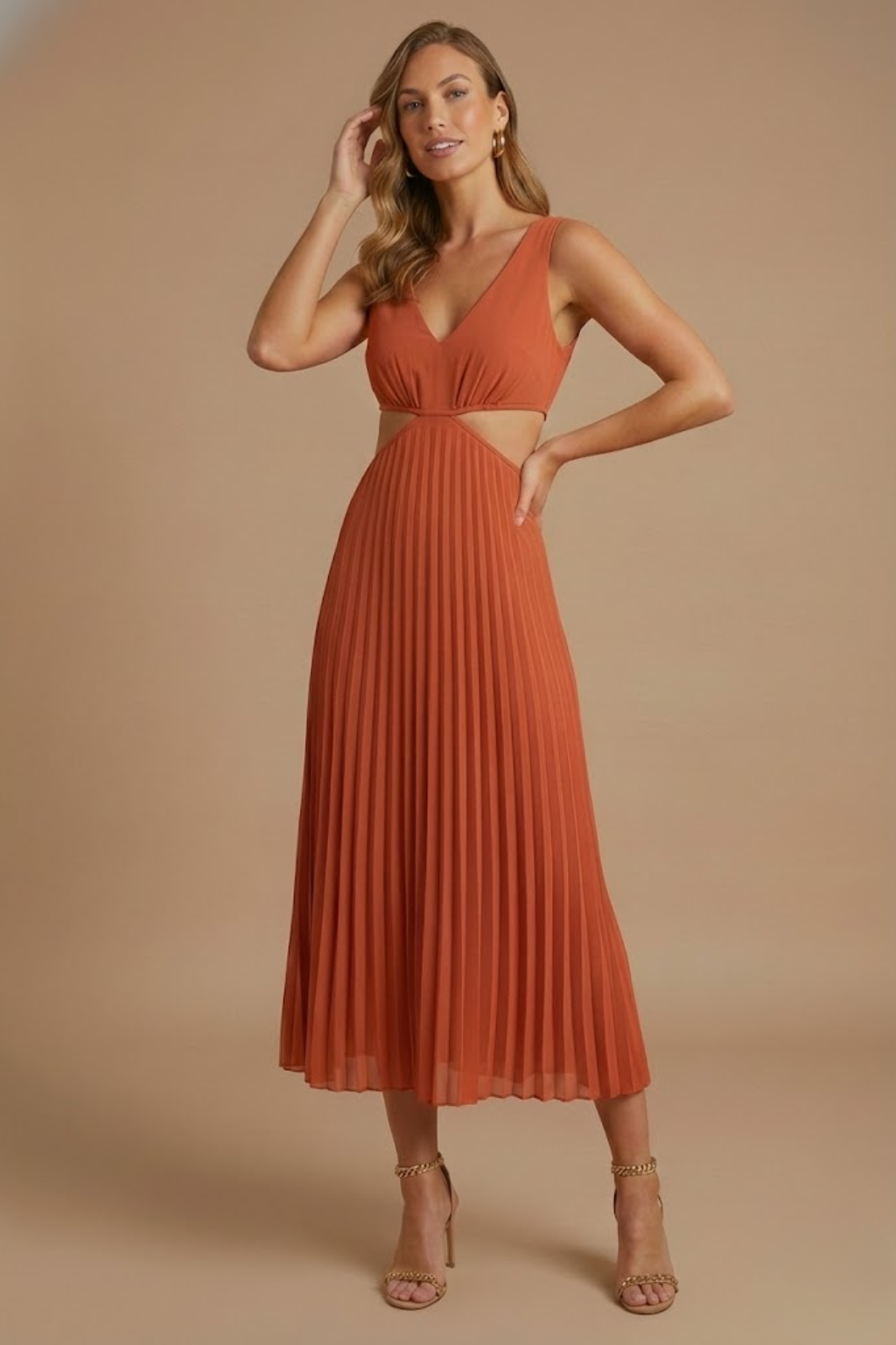 Women’s Elegant Pleated Midi Dress with V Neckline and Defined Waist