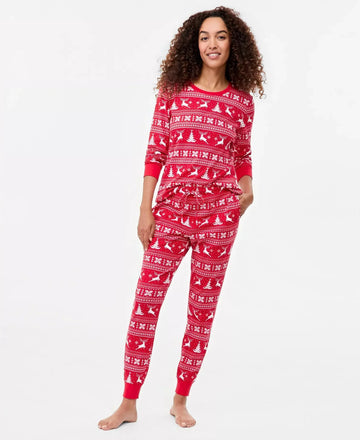 Women's Cotton Pajama Set with Deer Fairisle Print and Jogger Pants, Machine Washable