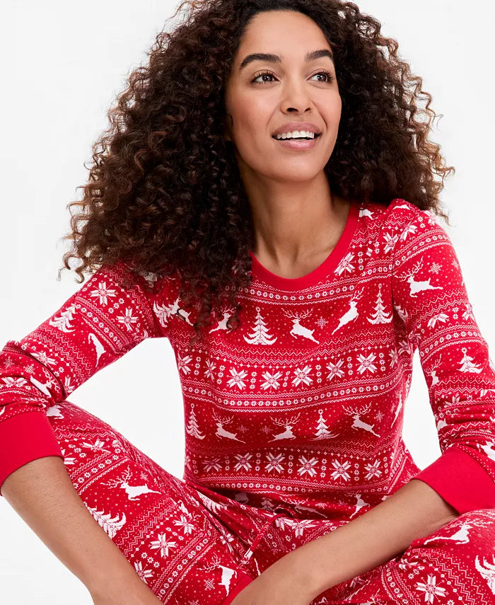 Women's Cotton Pajama Set with Deer Fairisle Print and Jogger Pants, Machine Washable
