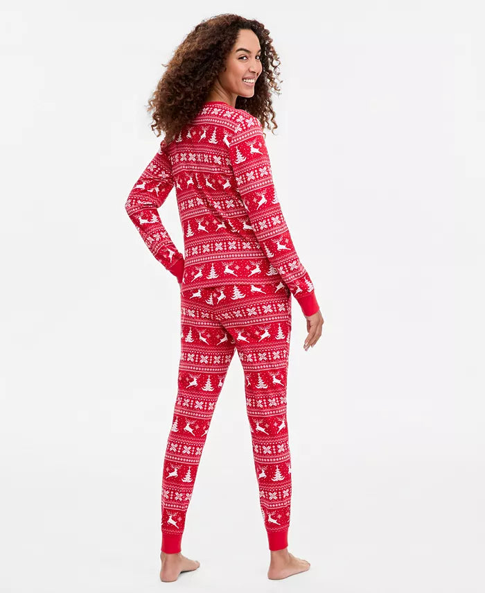 Women's Cotton Pajama Set with Deer Fairisle Print and Jogger Pants, Machine Washable