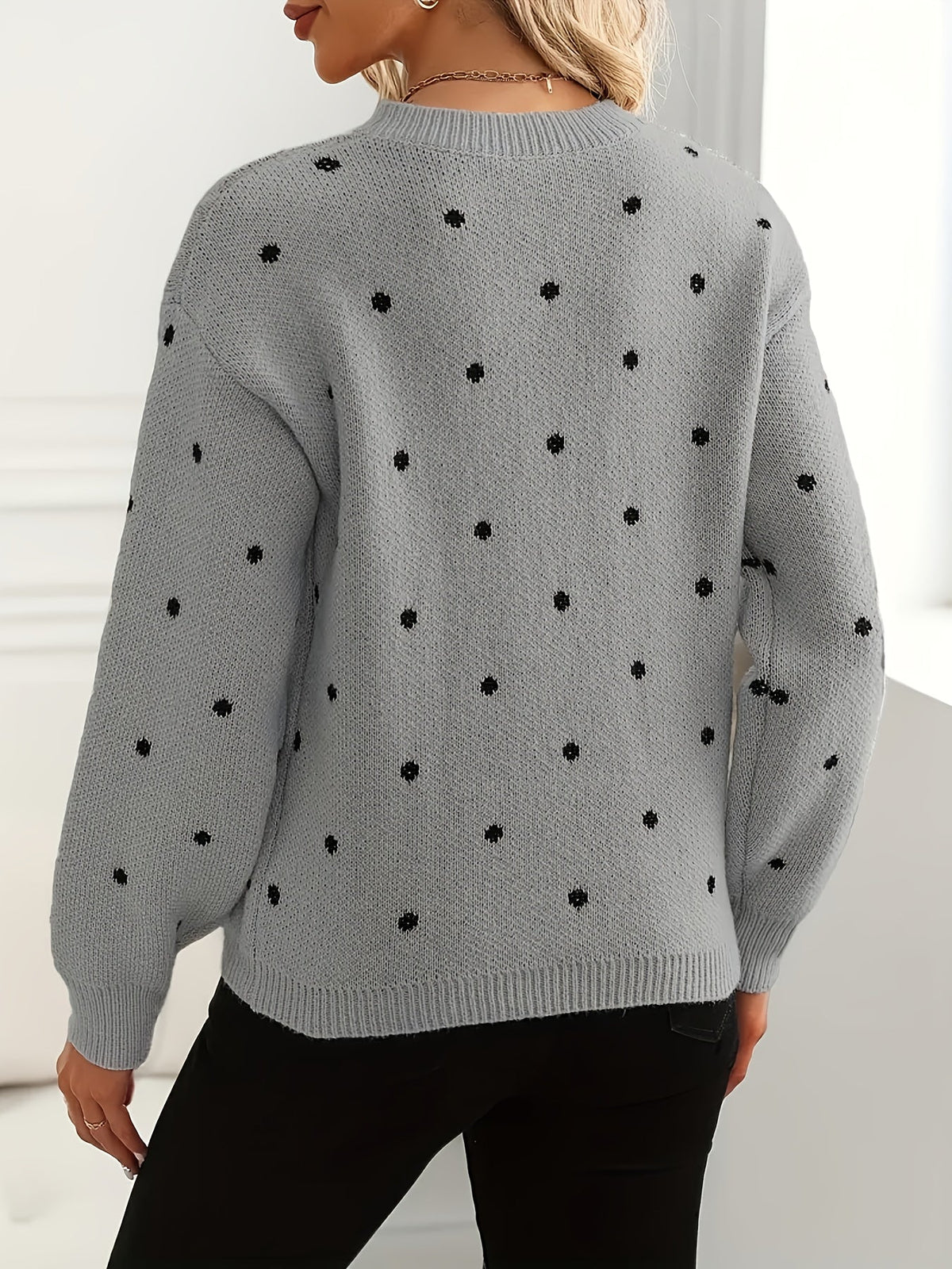Polka Dot Crew Neck Sweater with Light Stretch and Ribbed Cuffs, Relaxed Fit
