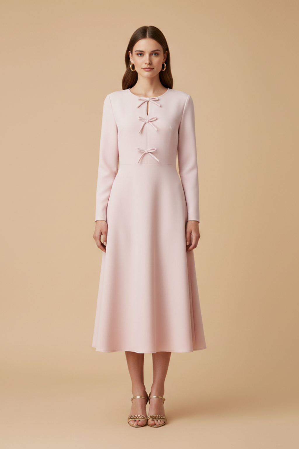 Damen Rosa Midikleid mit langen Ärmeln – Schlitzkragen-Design mit Schleifen-Detail vorne