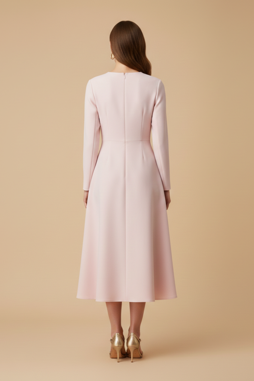 Damen Rosa Midikleid mit langen Ärmeln – Schlitzkragen-Design mit Schleifen-Detail vorne