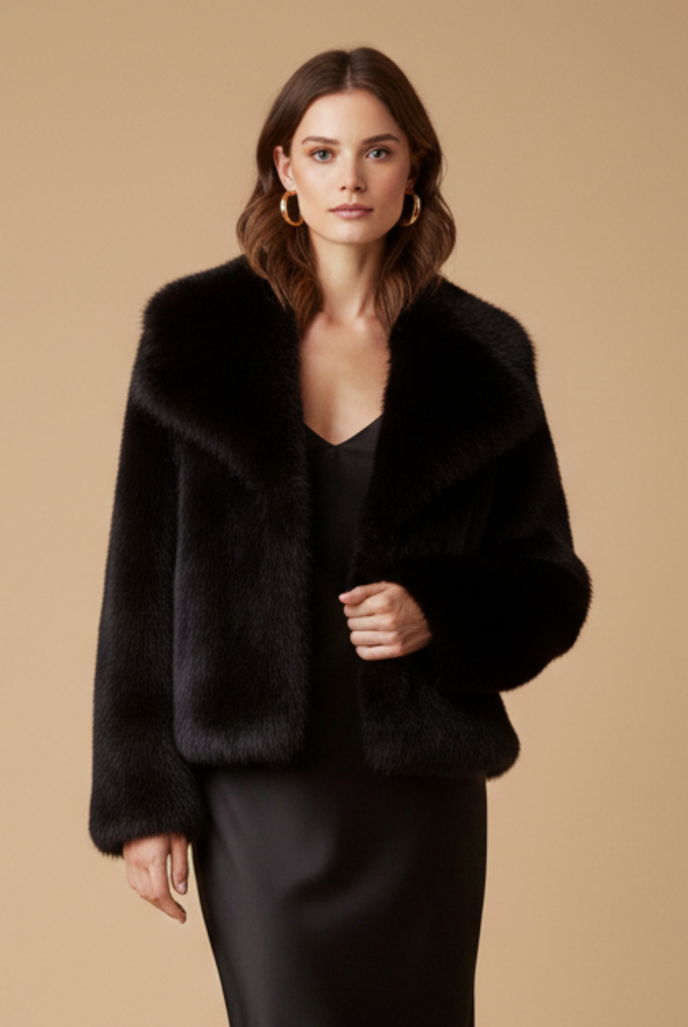 Women’s Short Pile Jacket - Faux Fur - Cropped Length - Long Sleeve - Open Front Design