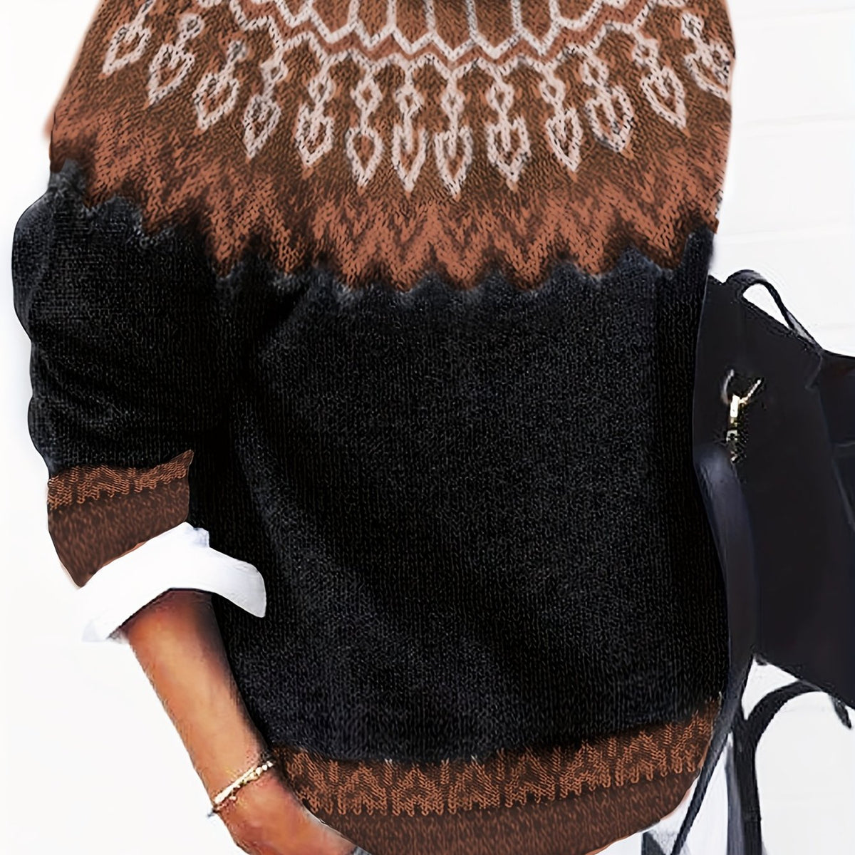 Chunky Knit Sweater with Jacquard Weave Pattern and Round Neck, Hip Length