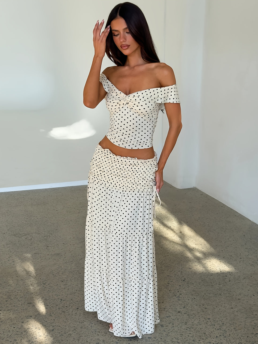 Women's Polka Dot Off the Shoulder Crop Top and Maxi Skirt Two Piece Set