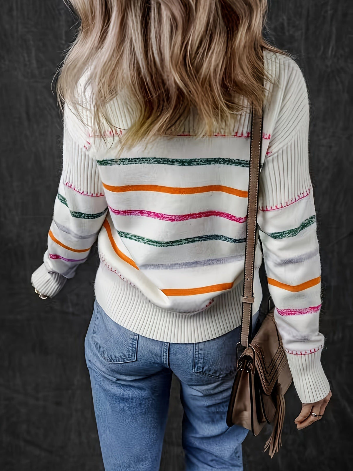 Horizontal Stripe Sweater with Round Neckline and Relaxed Fit, Hip-Length