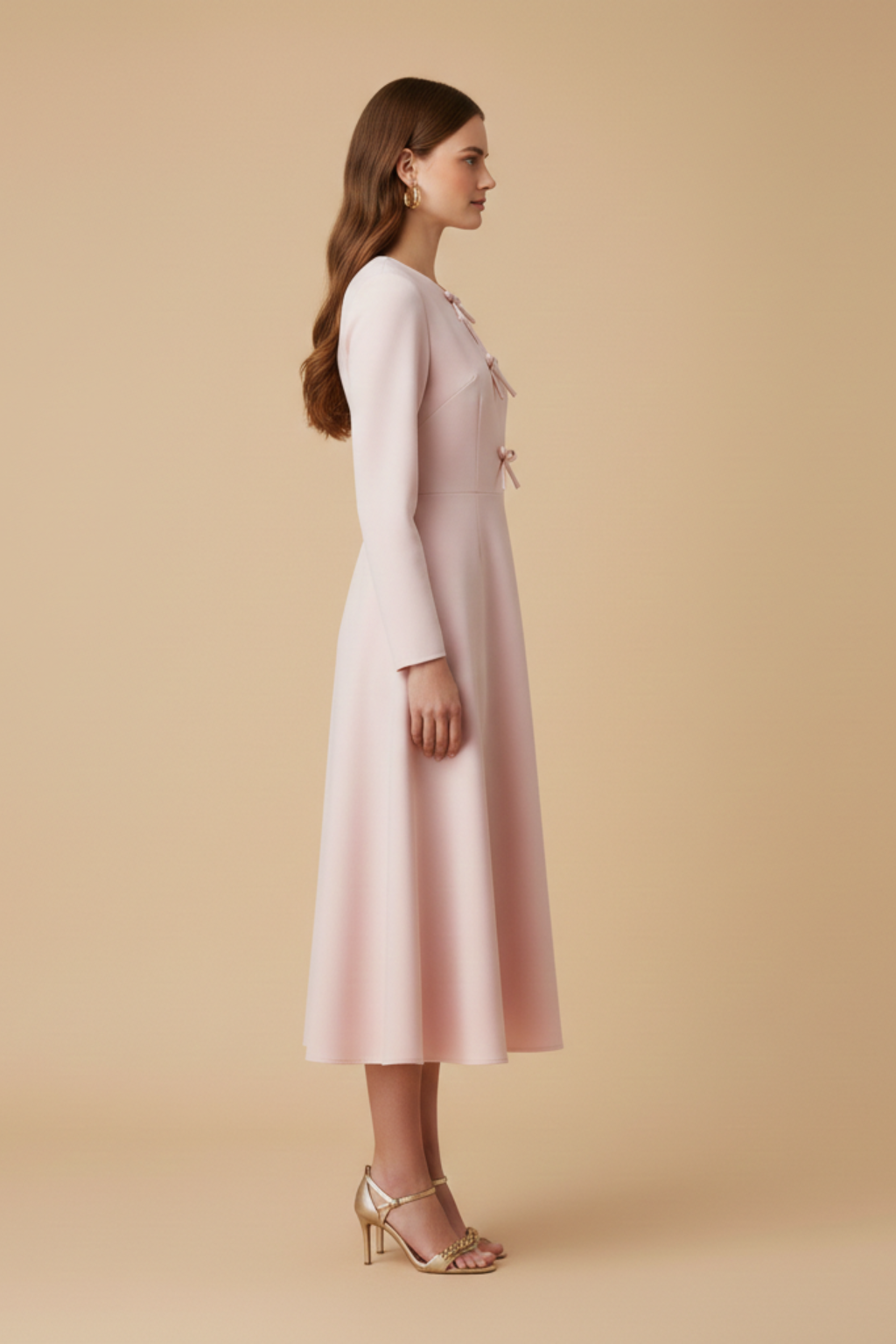 Women’s Pink Long Sleeve Midi Dress – Split Neck Design with Bow Front Detailing