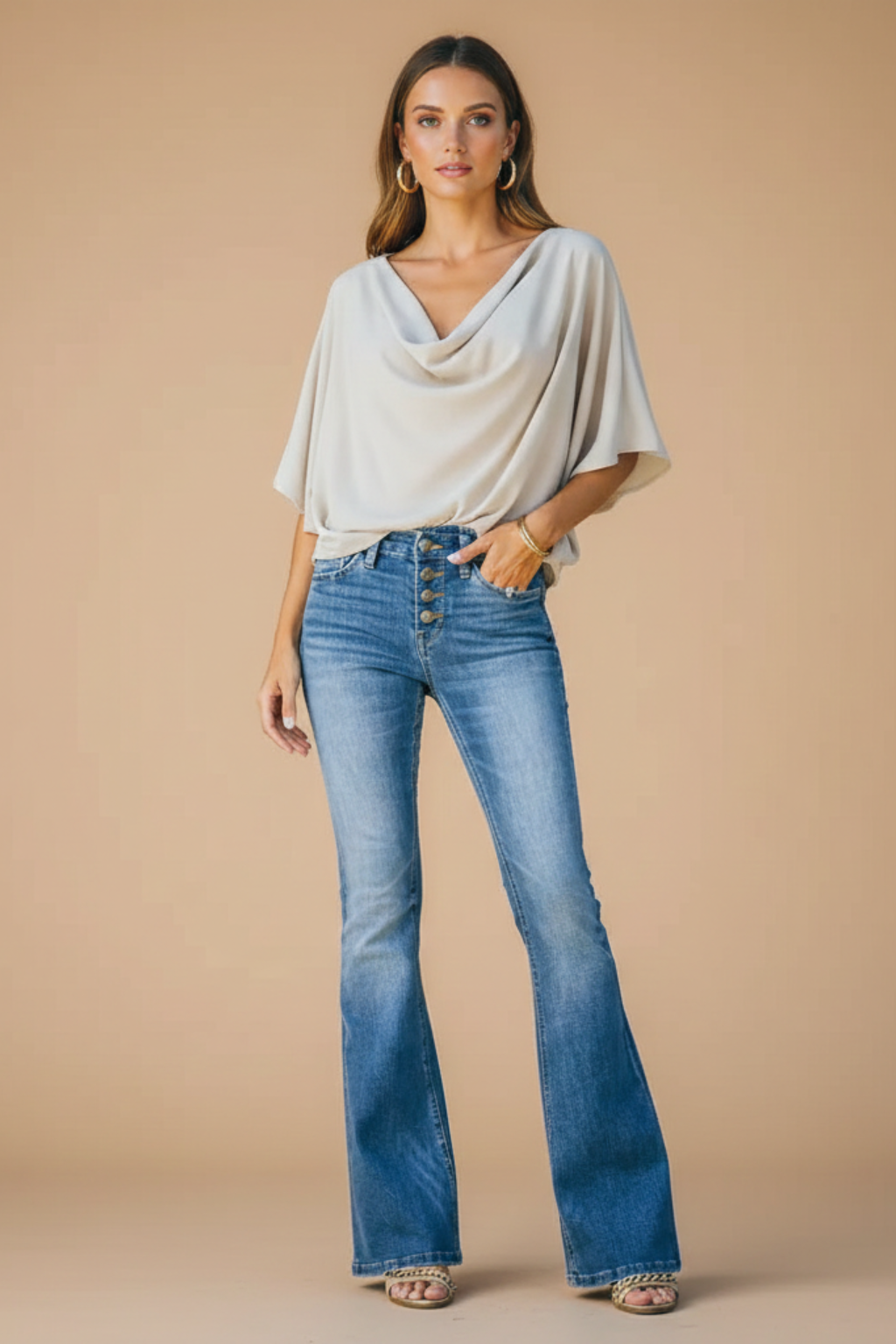 Women’s High Waist Wide Leg Jeans – Full Length Button Front Denim Design
