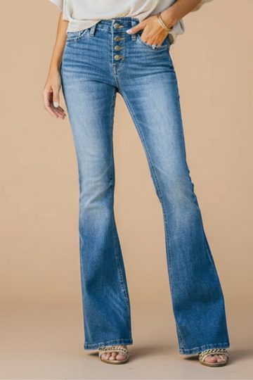 Dame højtaljede vidde jeans – fuld længde med knaplukning foran i denim
