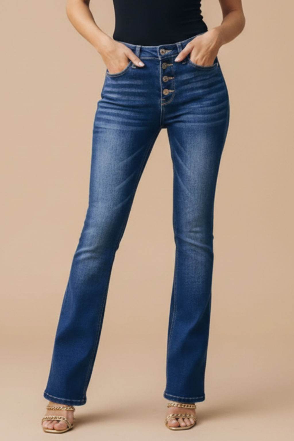 Women’s High Waist Wide Leg Jeans – Full Length Button Front Denim Design