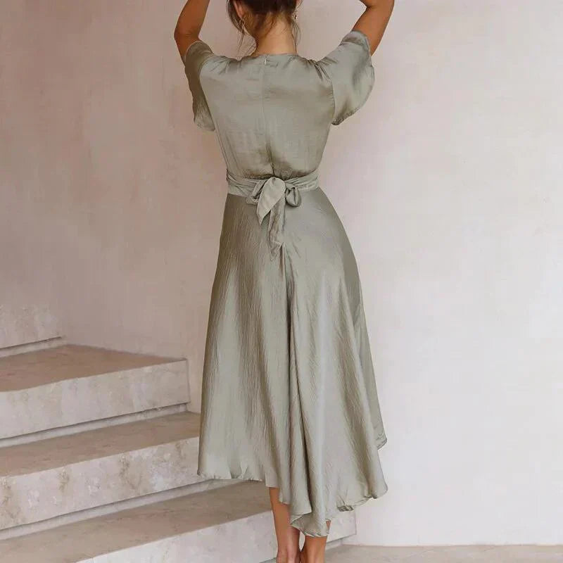 Women's V-Neck Flutter Sleeve Wrap Midi Dress - Tie Waist Ruffle Hem