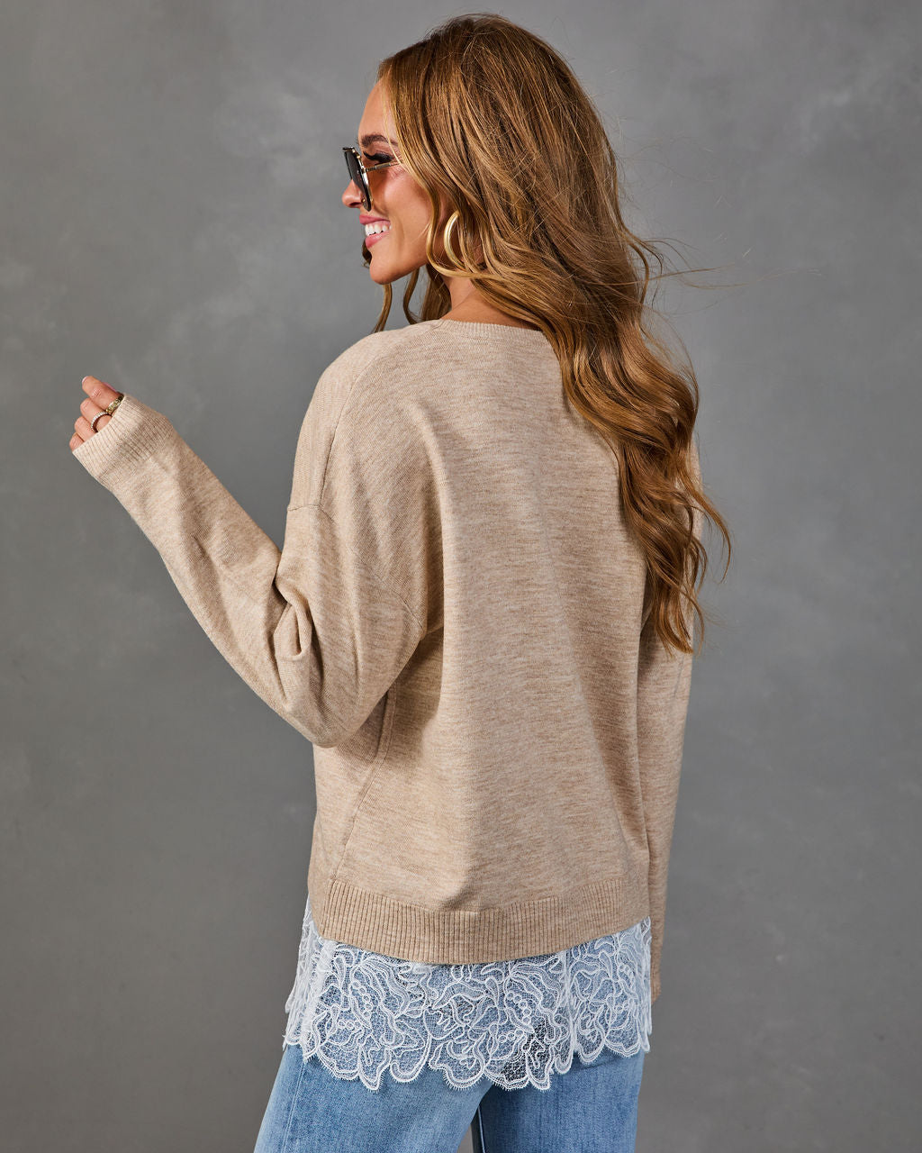 Women's Fitted Knit Sweater with Lace Hip Trim and Ribbed Edges