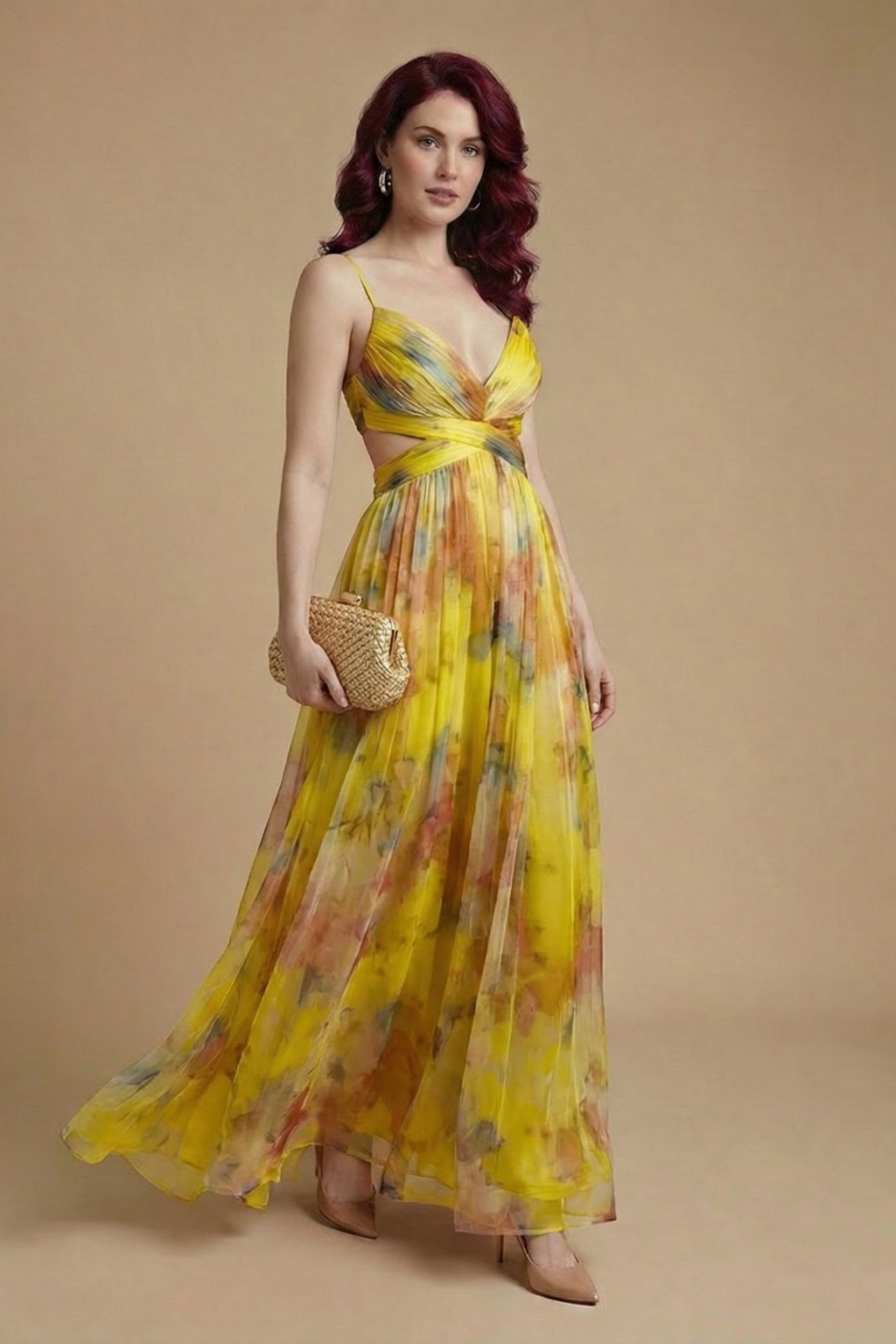 Women’s Elegant Floral Maxi Dress with V Neckline and Defined Waist