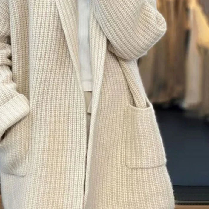 Women's Open Front Cardigan with Shawl Collar and Patch Pockets, Longline