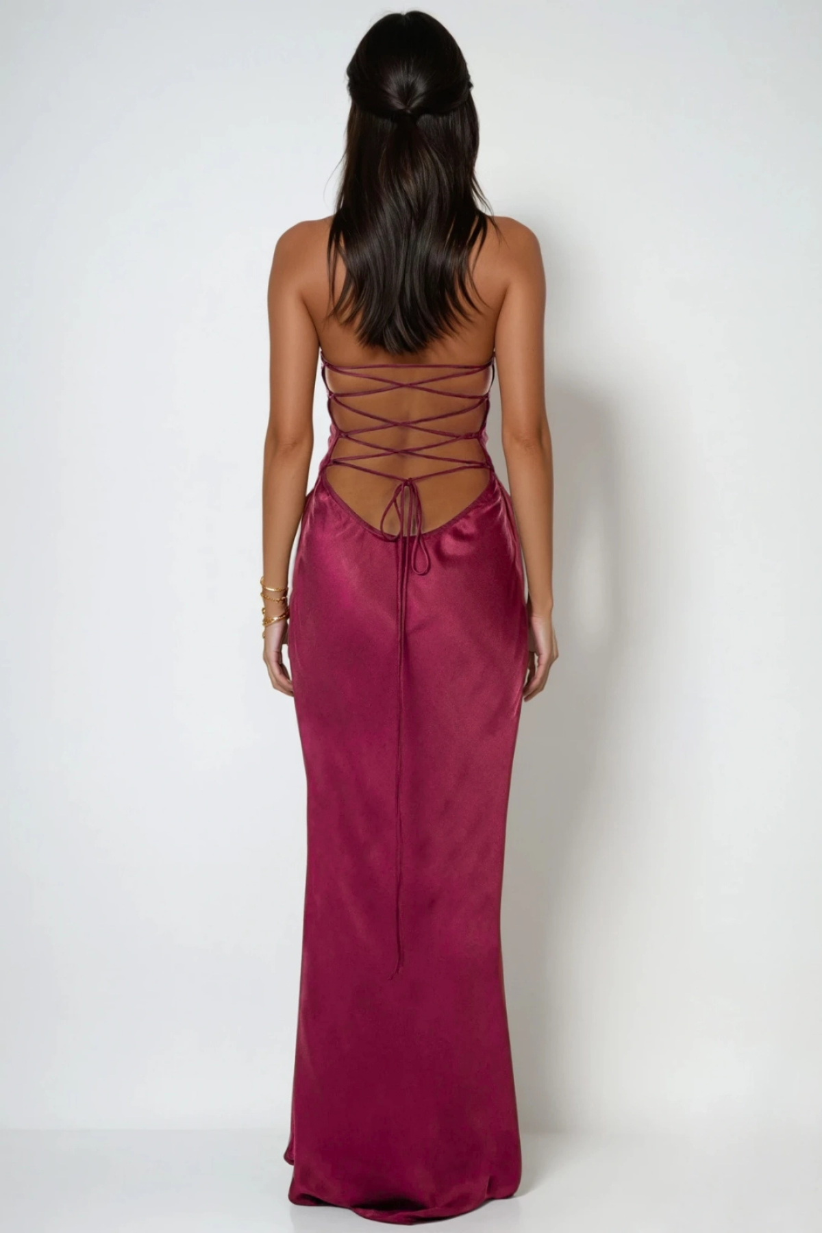 Women's Satin Maxi Dress Halter Neck Lace-Up Back