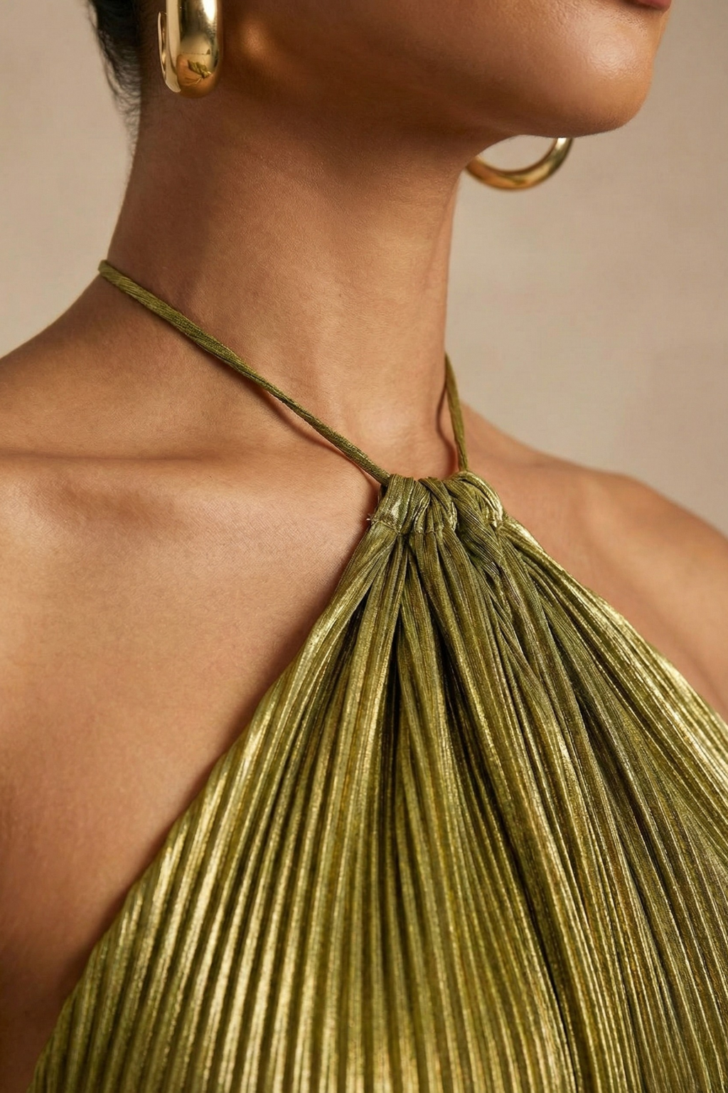 Women’s Golden Green Elegant Halter Neck Maxi Dress with High Slit for Evening Occasions