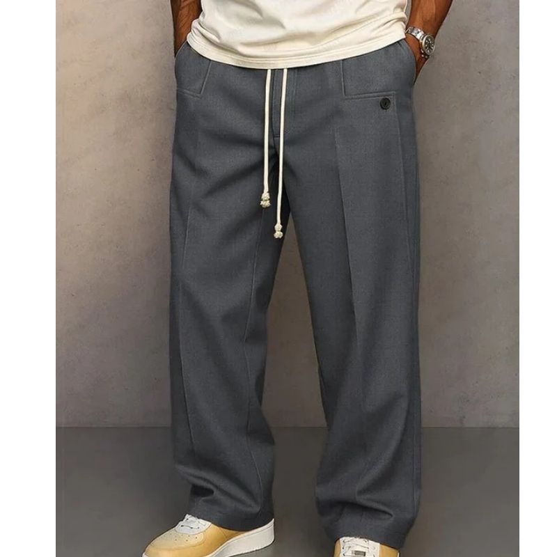 Cotton Blend Wide Leg Pants with Drawstring Waist and Deep Pockets