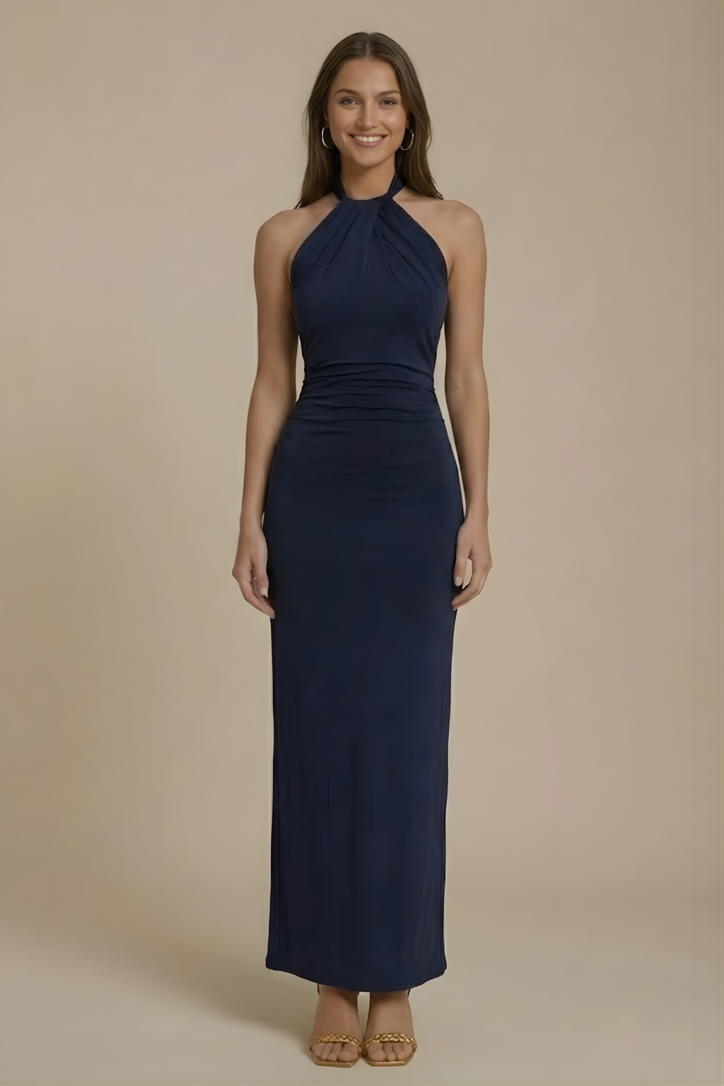 Women’s Elegant Halter Neck Maxi Dress with Sculpted Silhouette for Evening Wear