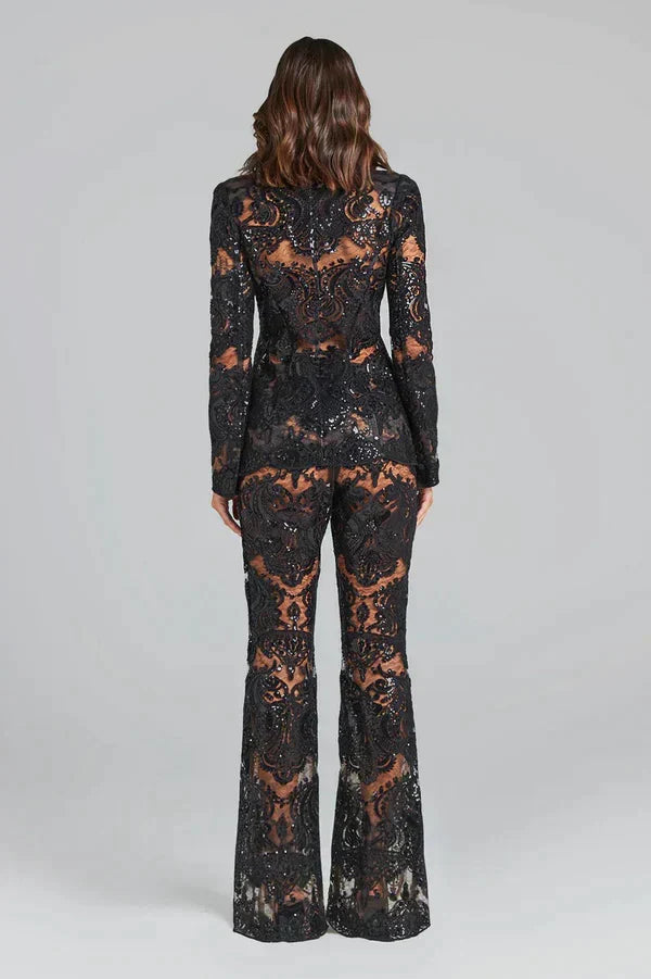 Women’s Elegant Lace Blazer and Flared Trousers Two Piece Set for Evening Wear