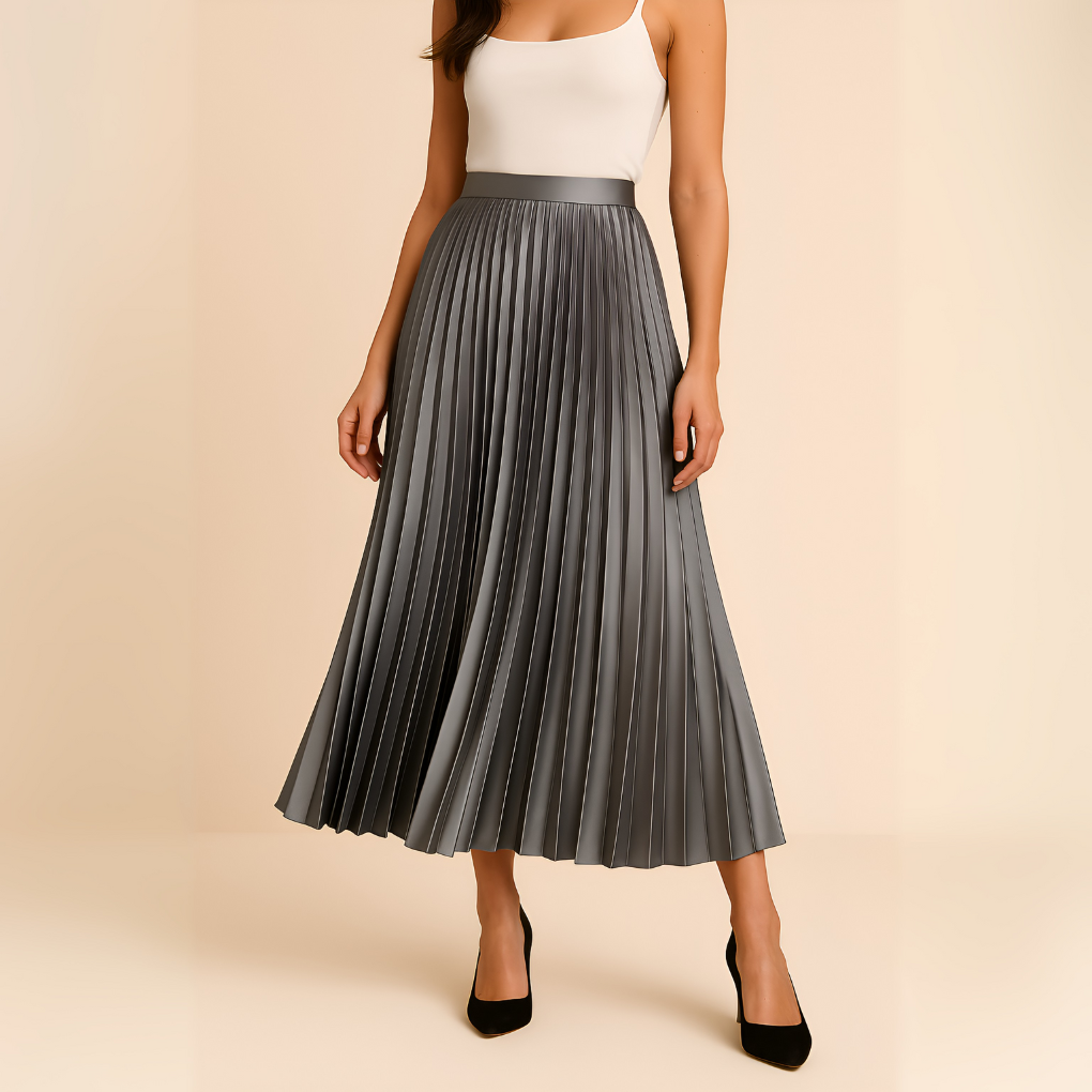 Women’s Pleated High-Waist Midi Skirt, Elegant A-Line Silhouette, Flowing Occasion Skirt