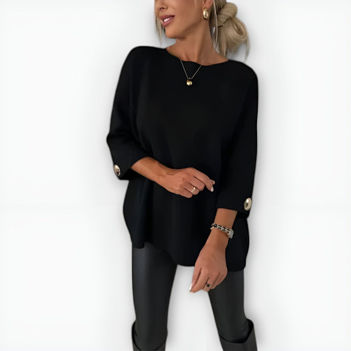Oversized Round Neck Sweater with Three Quarter Sleeves and Button Cuffs